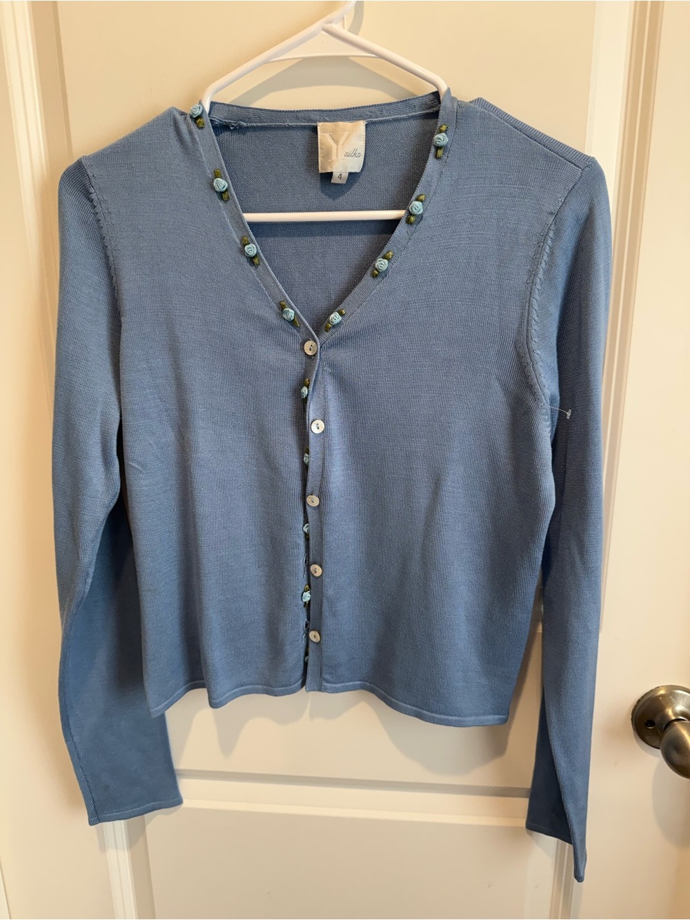 Y Silks Vintage Y2K 100% Silk Blue Rosette Cardigan Sweater Size 4